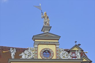 Roof figure of the guildhall, decorations, sculptures, man, lance, warrior, knight, lansquenet,