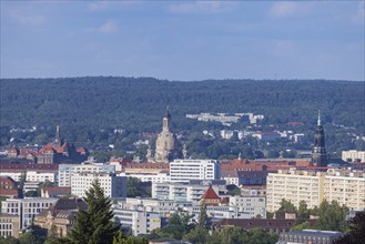 Cityscape Dresden with buildings and famous sights Church of Our Lady and Kreuzkirche with view to