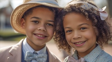 Portrait of a beautiful mulatto brother and sister dressed in their sunday best, generative AI, AI