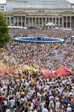 UEFA European Football Championship. Enthusiastic fans with pyrotechnics, public viewing in the