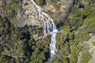 Aerial view of waterfall Cascada El Maqui near Puerto Guadal, Patagonia, Chile, South America