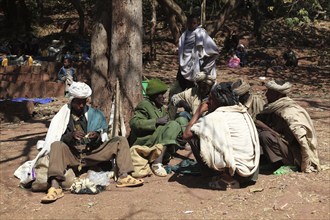 Lalibela, pilgrims in front of the area of the rock-hewn churches, Ethiopia, Africa