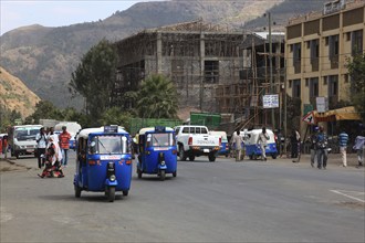 In a village in the highlands between Mekele and Lalibela, road traffic, street scene, Ethiopia,