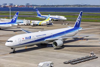 An ANA All Nippon Airways Boeing 777-300 aircraft with registration number JA617J at Tokyo Haneda