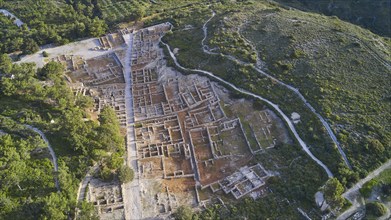 Drone shot, first morning light, Aerial view of an extensive ancient ruins site surrounded by green