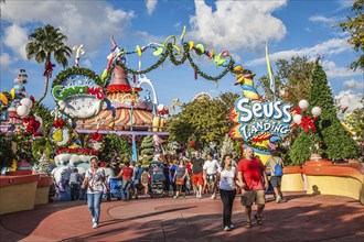 Park guests at entrance to Seuss Landing at Universal Studios Islands of Adventure in Orlando,