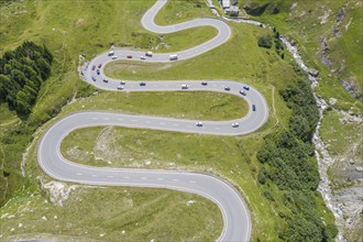 Drone shot, curves of Julier mountain pass, Switzerland, Europe