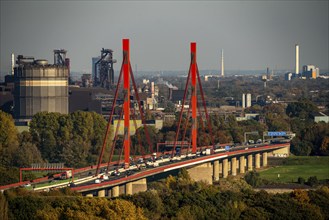 A42 motorway bridge over the Rhine at Duisburg Beeckerwerth, Thyssenkrupp Steel steelworks, blast