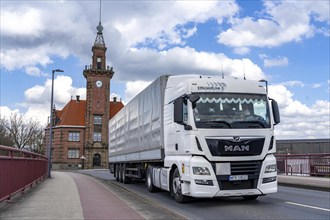 Dortmund harbour, trucks, trucks in front of the old harbour office, North Rhine-Westphalia,