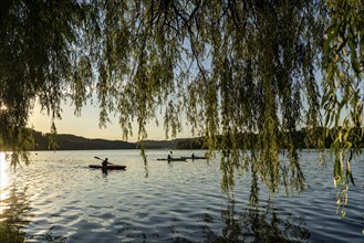 Lake Baldeney, kayaks, summer evening on the eastern shore, Essen, North Rhine-Westphalia, Germany,