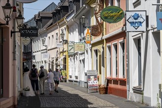 The old town centre of Mörs, on the Lower Rhine, many small shops in Friedrichstraße, North