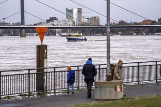 Water police boat, flooding of the Rhine near Düsseldorf, North Rhine-Westphalia, Germany, Europe