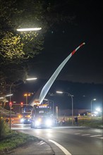 Transport of a 68 metre long, 22 tonne blade of a wind turbine, here in Schwelm, with a