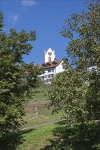 View of the historic upper town of Aach in Hegau with the Catholic parish church of St. Nicholas,