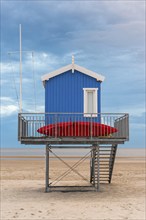 Cabin for lifeguards, blue, observation tower, rescue tower, beach, neutral, North Sea island,