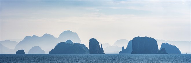 Phang Nga bay near Koh YaoNoi, seascape, seascape, foggy, morning mist, hazy, silhouette,