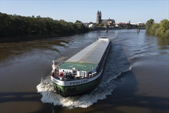 Barge, travelling up the Elbe, Magdeburg Cathedral behind, lift bridge, Magdeburg, Saxony-Anhalt,