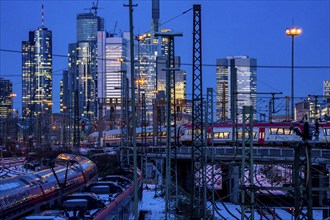 Railway tracks in front of the main station of Frankfurt am Main, ICE train, skyline of the