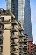 Building of the European Central Bank, ECB, on the Main in Frankfurt, residential buildings on the