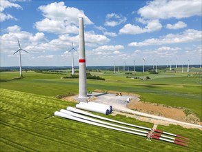 Wind farm near Brilon-Radlinghausen, new wind turbine being built, tower elements and rotors ready