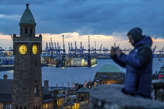 Port of Hamburg, view over the St. Pauli Landungsbrücken, Pegelturm, to the Blohm + Voss shipyard,