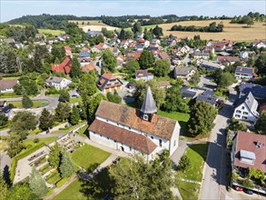 Aerial view of the pilgrimage church of St Genesius, a Romanesque basilica, former monastery, built