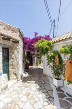 Alley decorated with flowers in the picturesque village of Afionas on the island of Corfu, Greece,