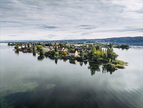 Aerial view of the north-western tip of the island of Reichenau in Lake Constance, with the