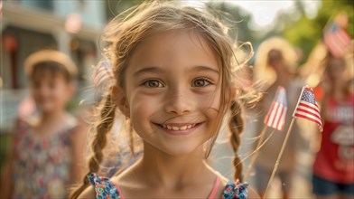 Cute children celebrating the american holiday with friends and family at the parade. generatvie