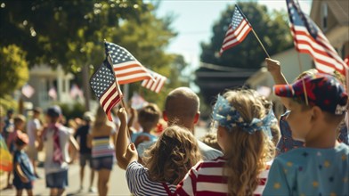 Friends and family celebrating the american holiday at the parade. generatvie AI, AI generated