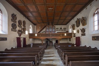 View into the nave with organ loft, Gothic St Mary's Church, Kalbensteinberg, Middle Franconia,