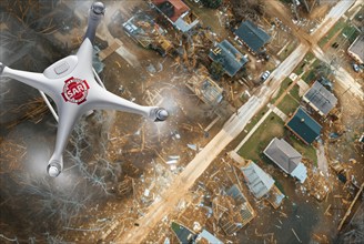 Quadcopter UAV search and rescue SAR drone flying A search above A tornado path of destruction, AI