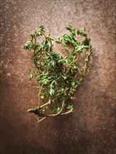 Thyme branch, on beige brown background, top view, rustic, mobile photo