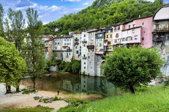 Pont en Royans. Houses hanging above river La Bourne. Isère. Auvergne-Rhone-Alpes. Vercors regional