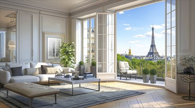 A large, modern living room with a large window overlooking the Eiffel Tower in Paris, AI generated