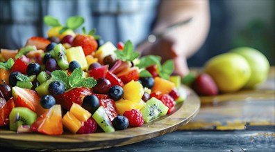 A plate of fruit salad with strawberries, kiwi, oranges and other fruits, AI generated