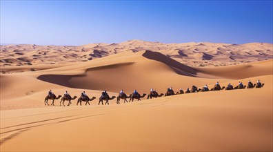 Caravan travelling over dunes in the desert, AI generated