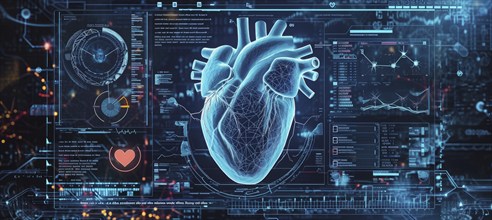 Hearth health cardiology concept with display that shows science research for heart diseases, AI