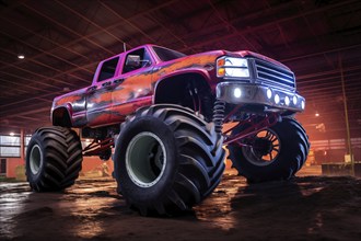 Monster truck illuminated by neon lights, excitement and thrill of an extreme sport and