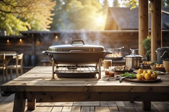 A large pan sits on a wooden table with a variety of food and drinks. The pan is surrounded by