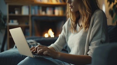 A woman at home with a laptop or tablet browsing internet, paying bills and shopping online, AI