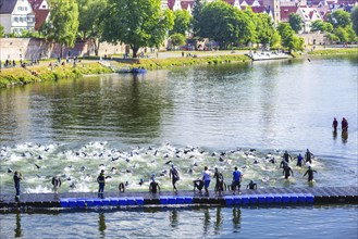 Swim start, triathlon, Danube, Ulm, Swabia, Baden-Württemberg, Germany, Europe