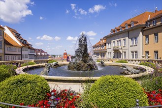 Water art and town hall tower, Gotha, Thuringia, Germany, Europe