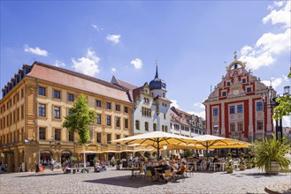 Street café on the main market square with town hall, Gotha, Thuringia, Germany, Europe