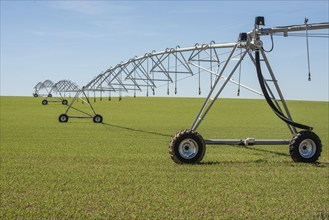 Modern environmentally friendly irrigation system on green crops in Kabusa, Ystad municipality,