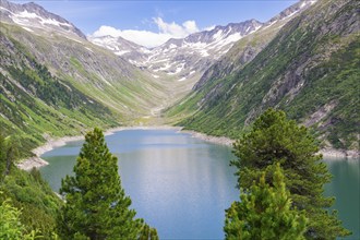 A picturesque mountain lake surrounded by snow-capped mountains and fir trees under a blue sky,