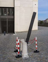 Warning banner in front of defective, modern lantern, Humboldt Forum, Berlin, Germany, Europe