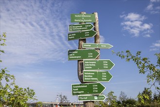 Rennsteig, popular hiking trail in the Thuringian Forest with signposts. Oberhof, Thuringia,