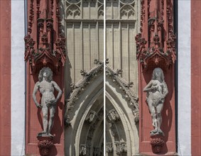 Sculptures of Adam and Eve at the entrance portal of the Gothic St Mary's Chapel, Würzburg, Lower