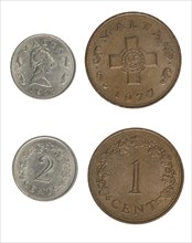 Two coins from Malta, 1 cent and 2 cents, dated 1977, obverse and reverse